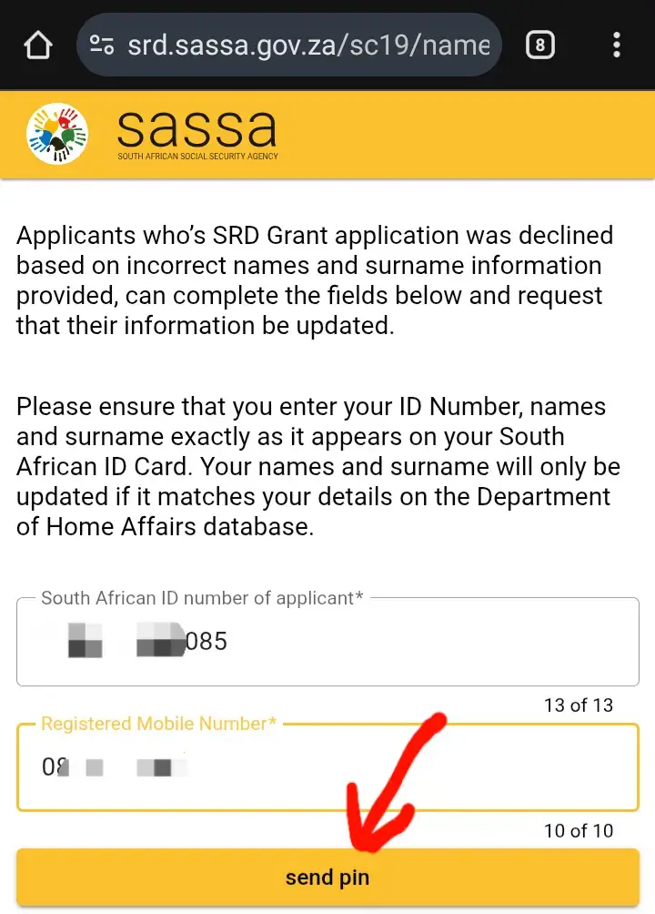 sassa SRD change name ONLINE
